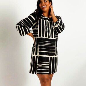 Eloquii Puff Sleeve Easy T Dress Shift Multi Grid New Years Eve Holiday Party 16